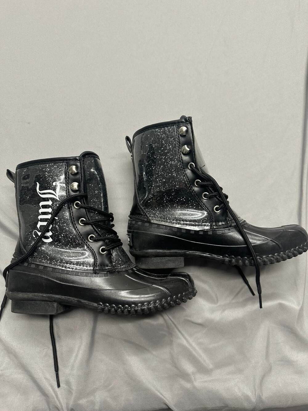 Juicy Couture Talos Duck Boots Size 7 Black Glitter Rain Winter
